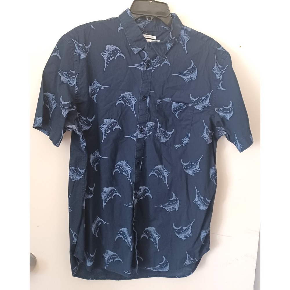 Old Navy Men L Slim Fit Marlin Fish Print Button Down Shirt Navy Sporty Coastal